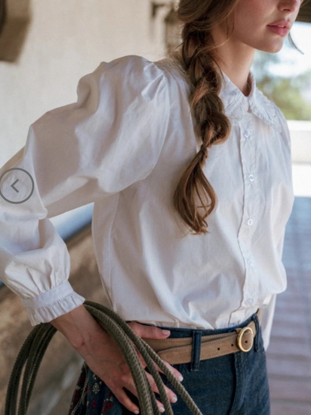 JODIFL Ruffled Peter Pan Collar Full button down! Color:Chambray/ Light Blue - Picture 7 of 10